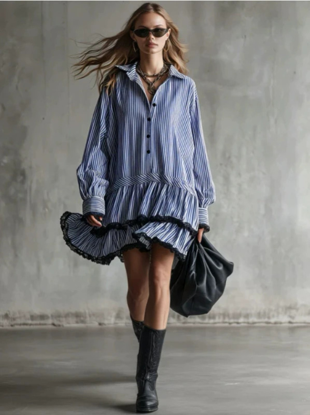 Vintage Blue Striped Lace Trim Long Sleeve Mini Dress